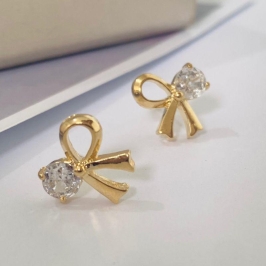 Brinco Pequeno Dourado Laço com Zircônia  Delicado e Romântico