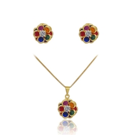 Conjunto Colar e Brincos Flor Colorida Banhado a Ouro 18k com Pedras Multicoloridas