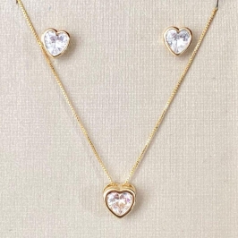 Conjunto Colar Gargantilha Corrente Veneziana com Pingente Coração Zircônia Cristal + Brinco Banhado a Ouro 18k