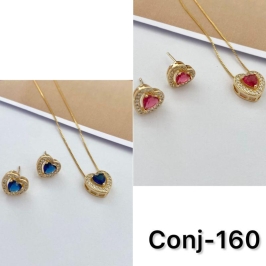 Conjunto Colar e Brinco Feminino Coração Cravejado com Zircônia Colorida Banhado a Ouro 18k