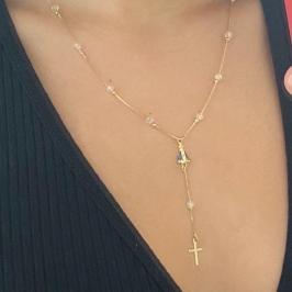 Terço Nossa Senhora Aparecida Banhado a Ouro com Contas Cristal