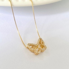 Colar Gargantilha Borboleta Vazado com Zircônias Corrente Fina Veneziana Banhado a Ouro 18k