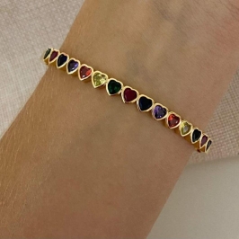 Bracelete Pulseira Feminina com Corações Coloridos – Semijoia Banhada a Ouro 18K