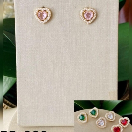 Brinco Feminino Coração Cravejado com Zircônia Colorida Banhado a Ouro 18k Luxo