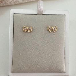 Brinco Infantil Laço com Zircônia Banhado a Ouro 18k Delicado Feminino