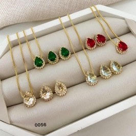 Conjunto Colar e Brinco Feminino Gota Cravejado com Zircônia Colorida Banhado a Ouro 18k