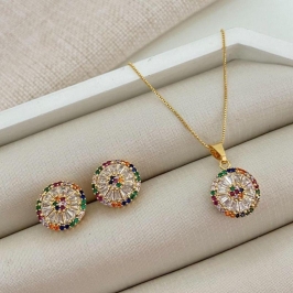 Conjunto Colar Gargantilha Corrente Veneziana com Pingente Redondo Colorido e Brincos Banhado a Ouro 18k