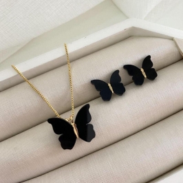 Conjunto Colar e Brincos Borboleta Preta Banhado a Ouro 18k