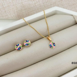 Conjunto Infantil Colar Gargantilha Corrente Veneziana com Pingente Redondo Colorido + Brinco Banhado a Ouro 18k