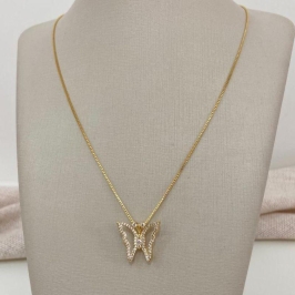 Gargantilha Corrente Veneziana com Pingente Borboleta Cravejada em Zircônias Banhada a Ouro 18k