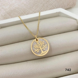 Gargantilha Corrente Veneziana com Pingente Redondo Árvore da Vida Banhada a Ouro 18k
