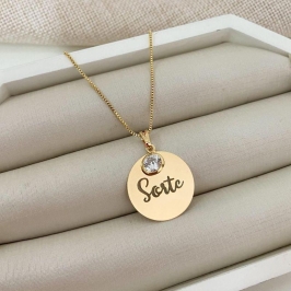 Colar Corrente Veneziana com Pingente Medalha Sorte e Pedra Zircônia Banhado a Ouro 18k