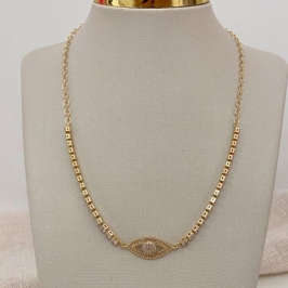 Colar Riviera com Pingente Olho Grego Cravejado em Zircônias Banhado a Ouro 18k