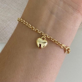 Pulseira Feminina Elo Português com Pingente Coração Abaulado Liso Banhada a Ouro 18k