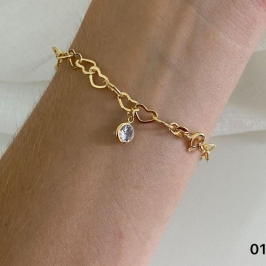 Pulseira Elo Corações Vazados com Pingente Ponto de Luz Banhada a Ouro 18k