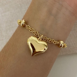 Pulseira Elo Português Duplo com Pingente Coração Puff Banhada a Ouro 18k