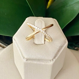 Anel X Cravejado Banhado a Ouro 18k com Zircônias
