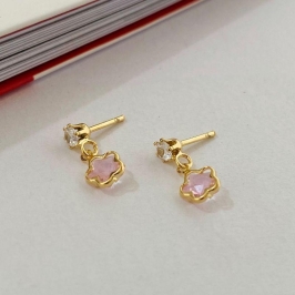 Brinco Infantil Florzinha Rosa Pendente Banhado a Ouro 18k com Zircônia