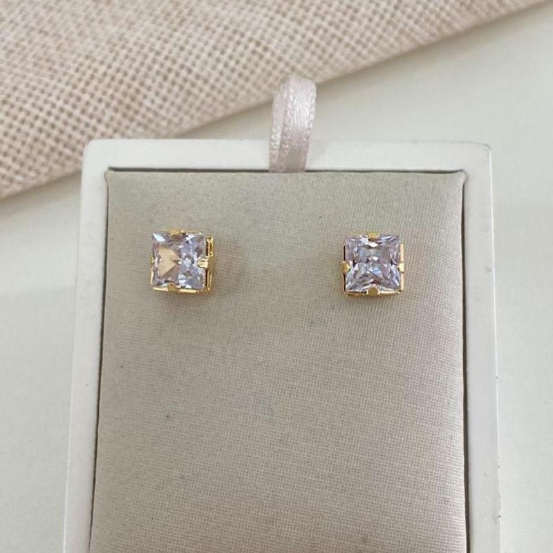 Brinco Solitário Quadrado de Zircônia Banhado a Ouro 18k Feminino