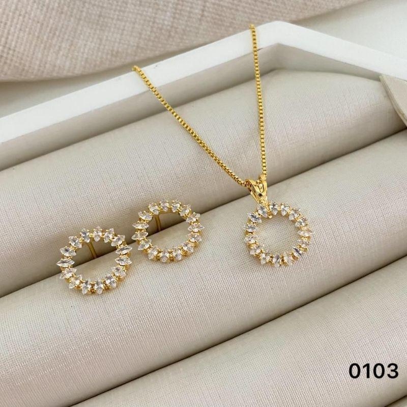 Conjunto Colar e Brinco – Argola Aberta Cravejada – Banhado a Ouro