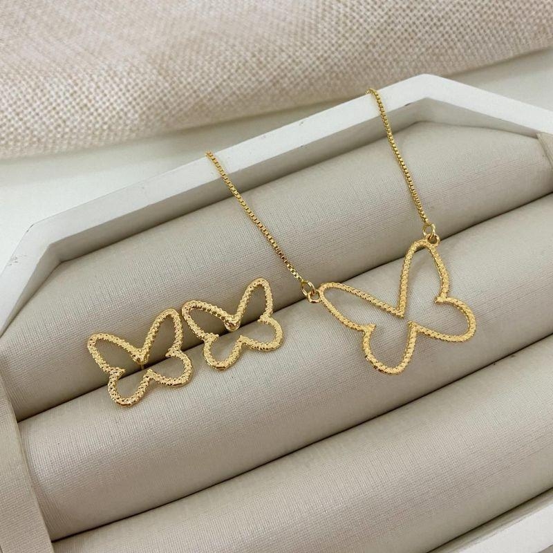 Conjunto Colar e Brincos Borboleta Vazados Banhados a Ouro 18k – Modelo 591