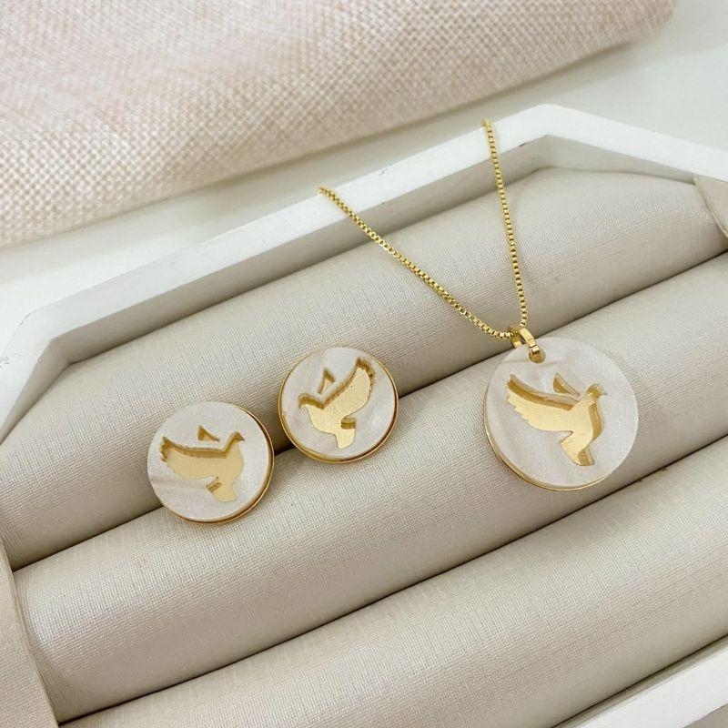Conjunto Colar e Brincos Pomba da Paz Banhados a Ouro 18k – Modelo 870