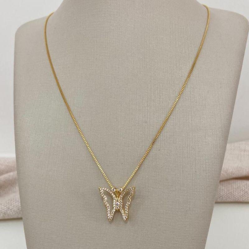 Gargantilha Corrente Veneziana com Pingente Borboleta Cravejada em Zircônias Banhada a Ouro 18k