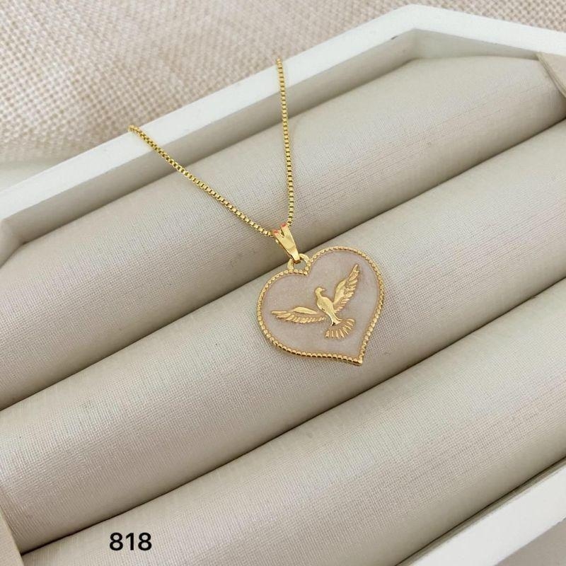 Colar Corrente Veneziana com Pingente Coração Espírito Santo Banhado a Ouro 18k