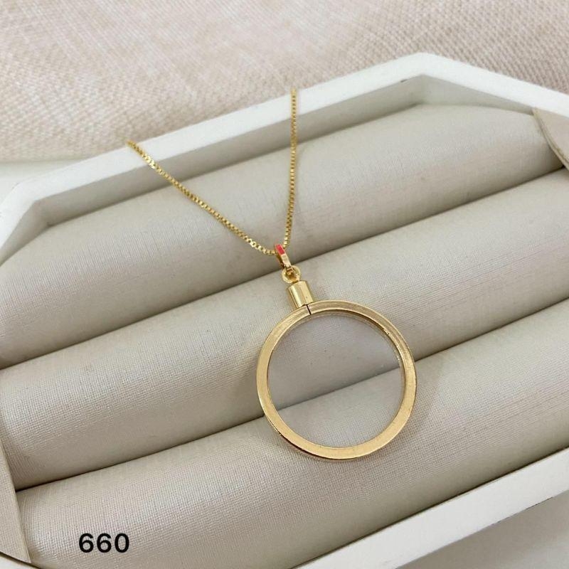 Gargantilha Relicário Redondo com Aro Liso Banhada a Ouro 18k – Corrente Veneziana 45cm – Modelo PV-660