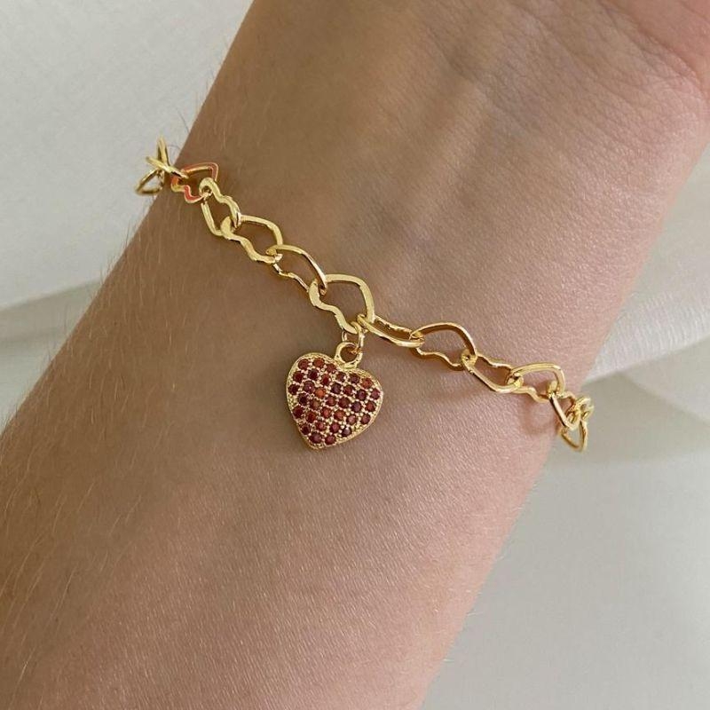 Pulseira Elo Love com Pingente de Coração – 18cm Banhada a Ouro 18K