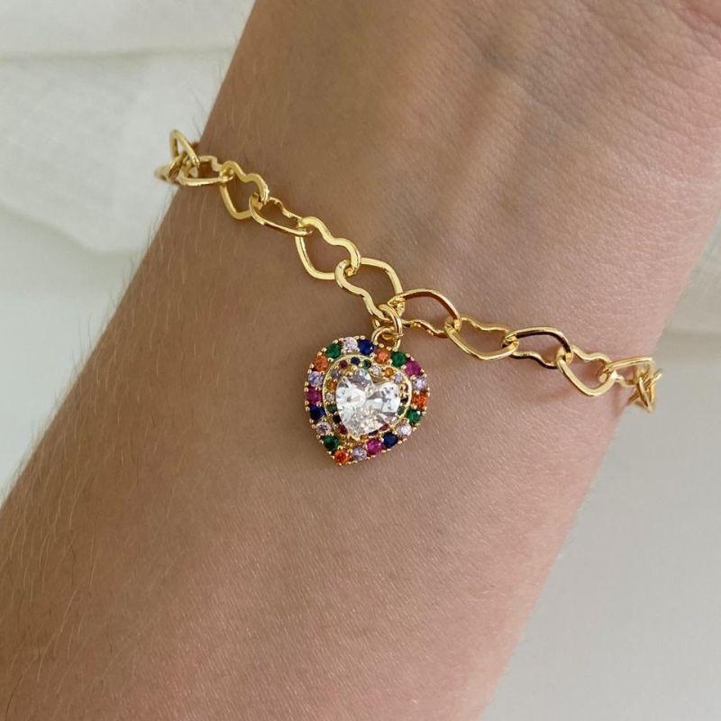 Pulseira Elo Love com Pingente Coração – 18cm Banhada a Ouro 18K