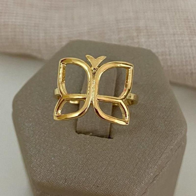 Anel Feminino Regulável Borboleta Vazada Banhado a Ouro 18k Delicado