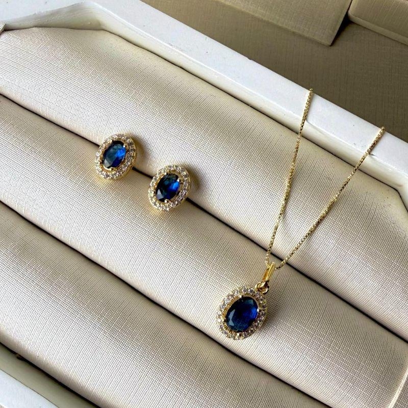 Conjunto Banhado a Ouro 18k Corrente 45cm com Pingente Oval Azul e Brincos Cravejados