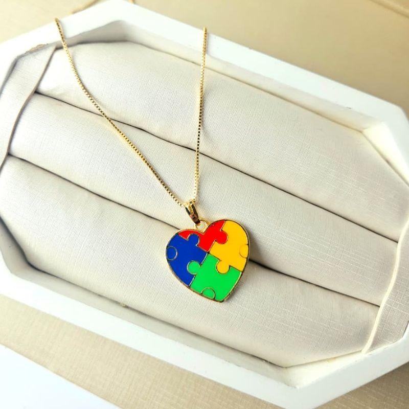 Colar Gargantilha Veneziana 45cm  com Pingente Símbolo do Autismo Esmaltado