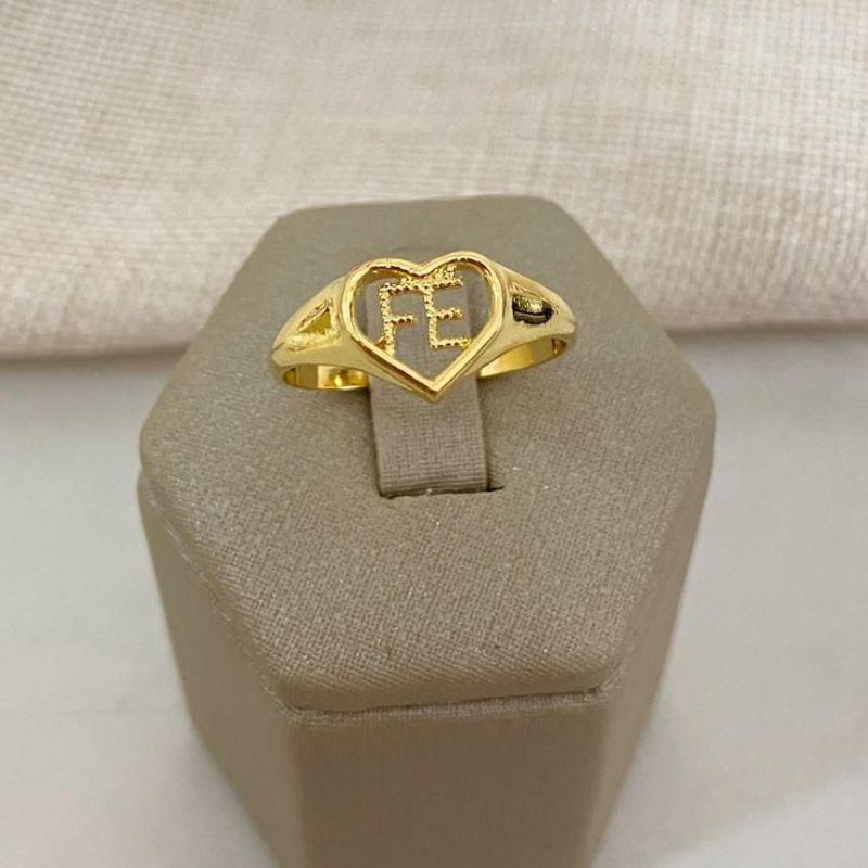 Anel Coração com Escrita Fé Banhado a Ouro 18k