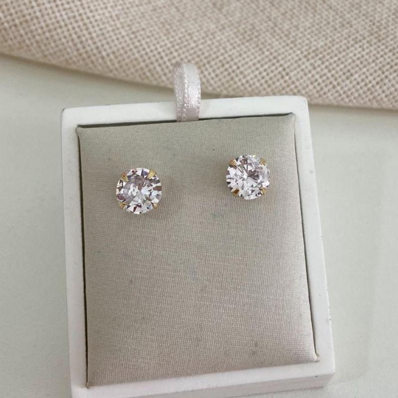 Brinco Solitário Zircônia Redonda Banhado a Ouro 18k Feminino