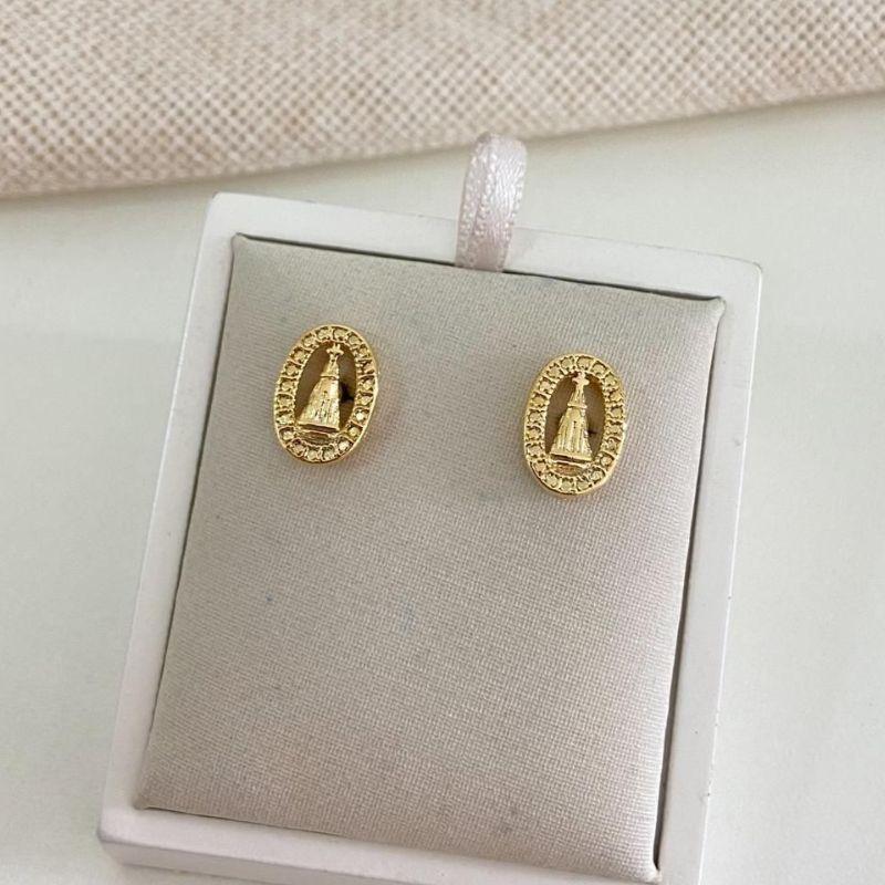 Brinco Dourado Oval Nossa Senhora Aparecida  Religioso Delicado