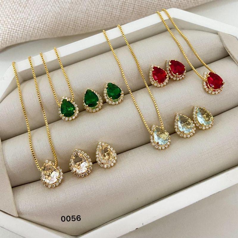 Conjunto Colar e Brinco Feminino Gota Cravejado com Zircônia Colorida Banhado a Ouro 18k