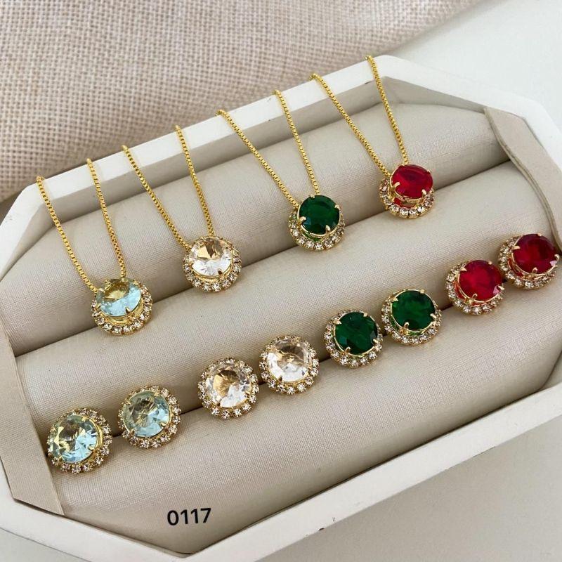 Conjunto Colar e Brinco Feminino Redondo Cravejado com Pedra Zircônia Cores Variadas Banhado a Ouro 18k