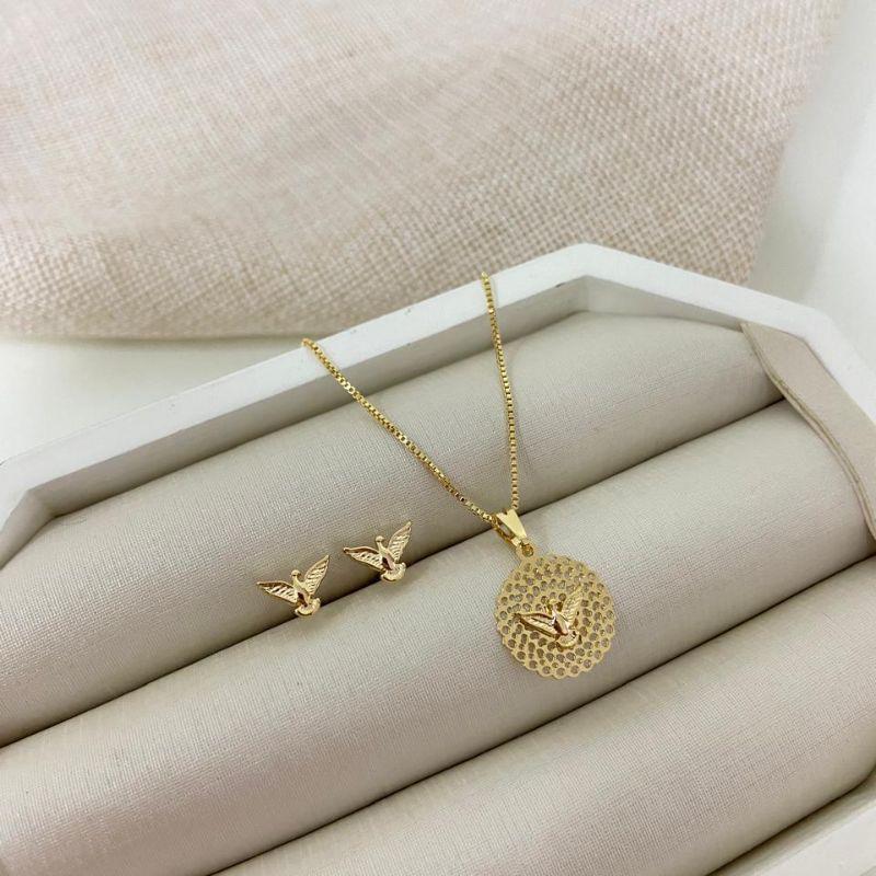 Conjunto Colar e Brincos Espírito Santo Banhados a Ouro 18k – Modelo 777