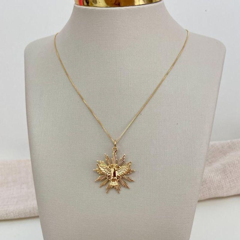 Colar Espírito Santo Pingente Pomba Raios Banhado a Ouro 18k Gargantilha Religiosa Feminina Masculina