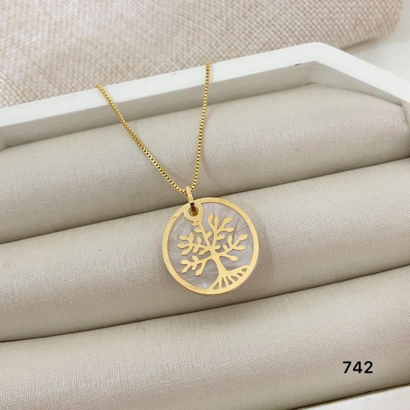 Gargantilha Corrente Veneziana com Pingente Redondo Árvore da Vida Banhada a Ouro 18k