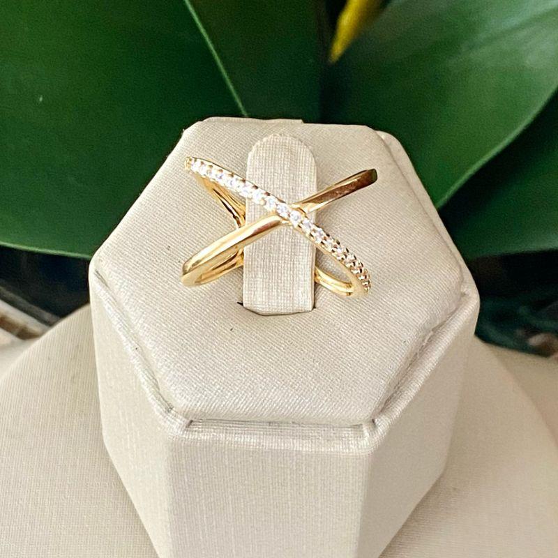 Anel X Cravejado Banhado a Ouro 18k com Zircônias