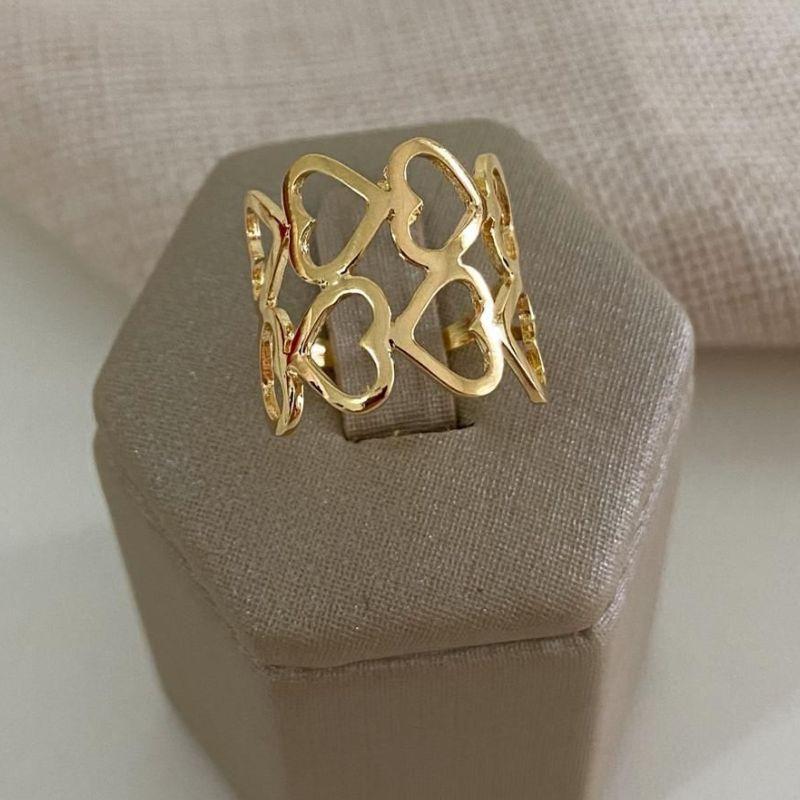 Anel Vazado Corações Ajustável Banhado a Ouro 18k  Feminino