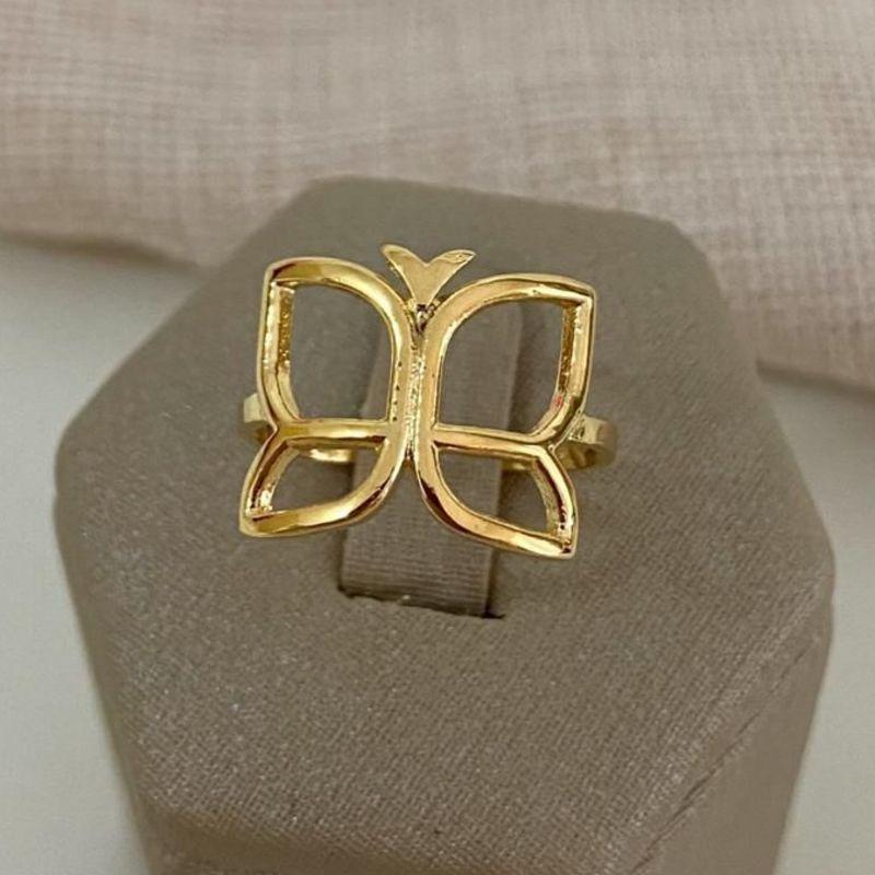 Anel Feminino Regulável Borboleta Vazada Banhado a Ouro 18k Delicado