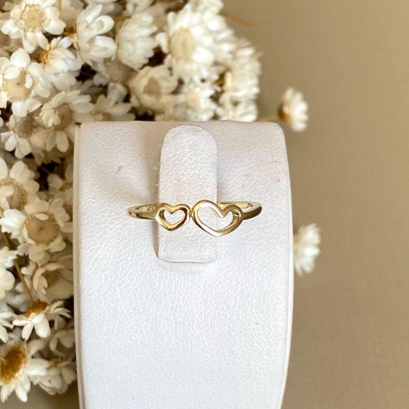 Anel Duplo Coração Vazado Banhado a Ouro 18k Feminino Ajustável