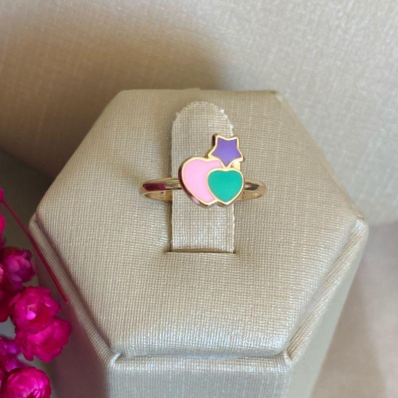 Anel Infantil Coração e Estrela Colorido Banhado a Ouro 18k Esmaltado Rosa Verde e Lilás