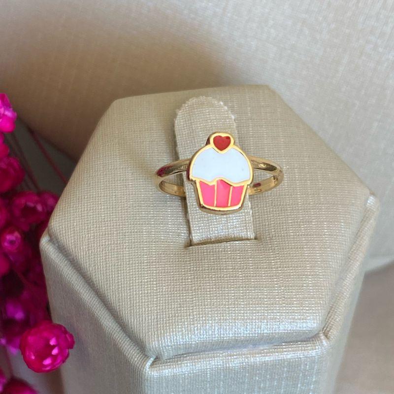 Anel Infantil Cupcake Esmaltado Banhado a Ouro 18k  Joia Divertida e Delicada
