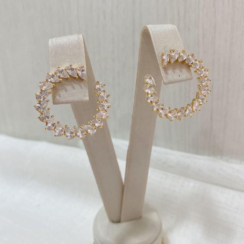 Brinco Círculo com Zircônias Gotas Banhado a Ouro 18k Luxo Feminina