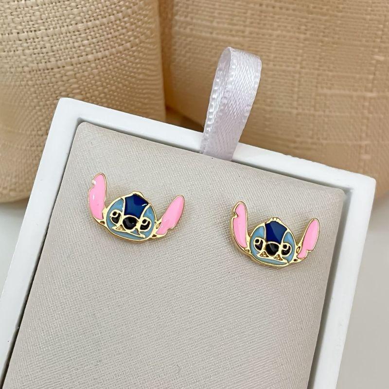 Brinco Infantil Stitch Colorido Esmaltado Banhado a Ouro 18k